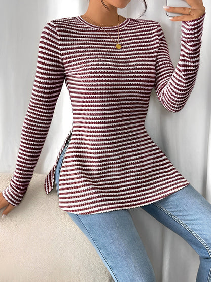 Round Neck Slit Long Sleeve Striped Blouse