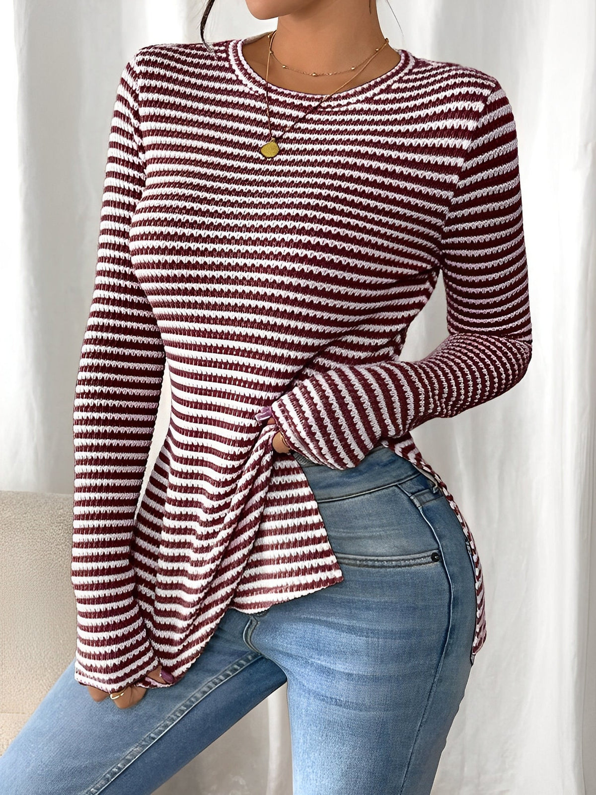 Round Neck Slit Long Sleeve Striped Blouse