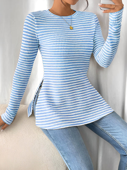 Round Neck Slit Long Sleeve Striped Blouse