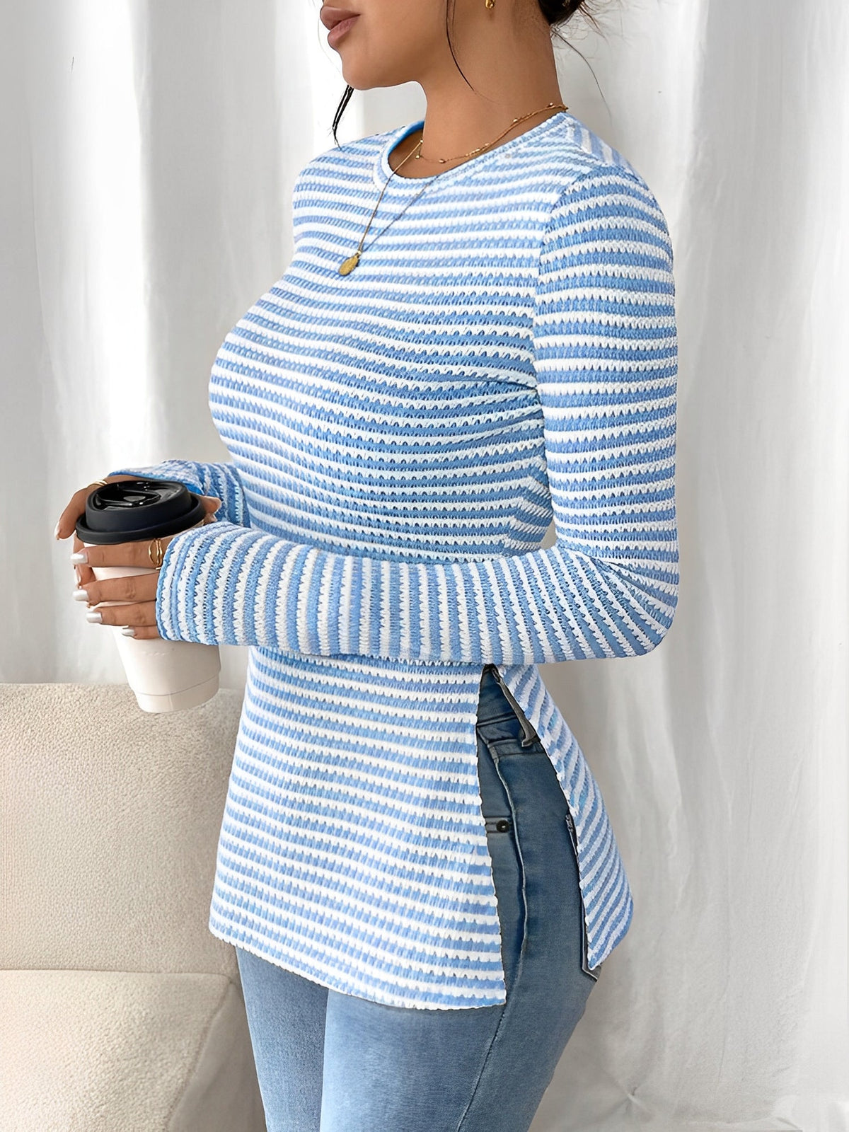 Round Neck Slit Long Sleeve Striped Blouse