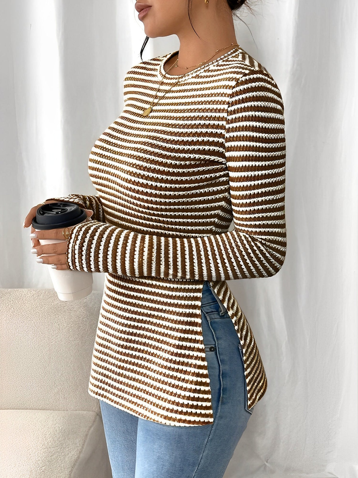 Round Neck Slit Long Sleeve Striped Blouse