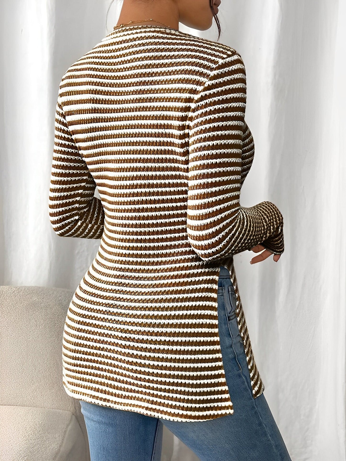 Round Neck Slit Long Sleeve Striped Blouse