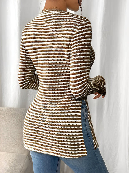Round Neck Slit Long Sleeve Striped Blouse