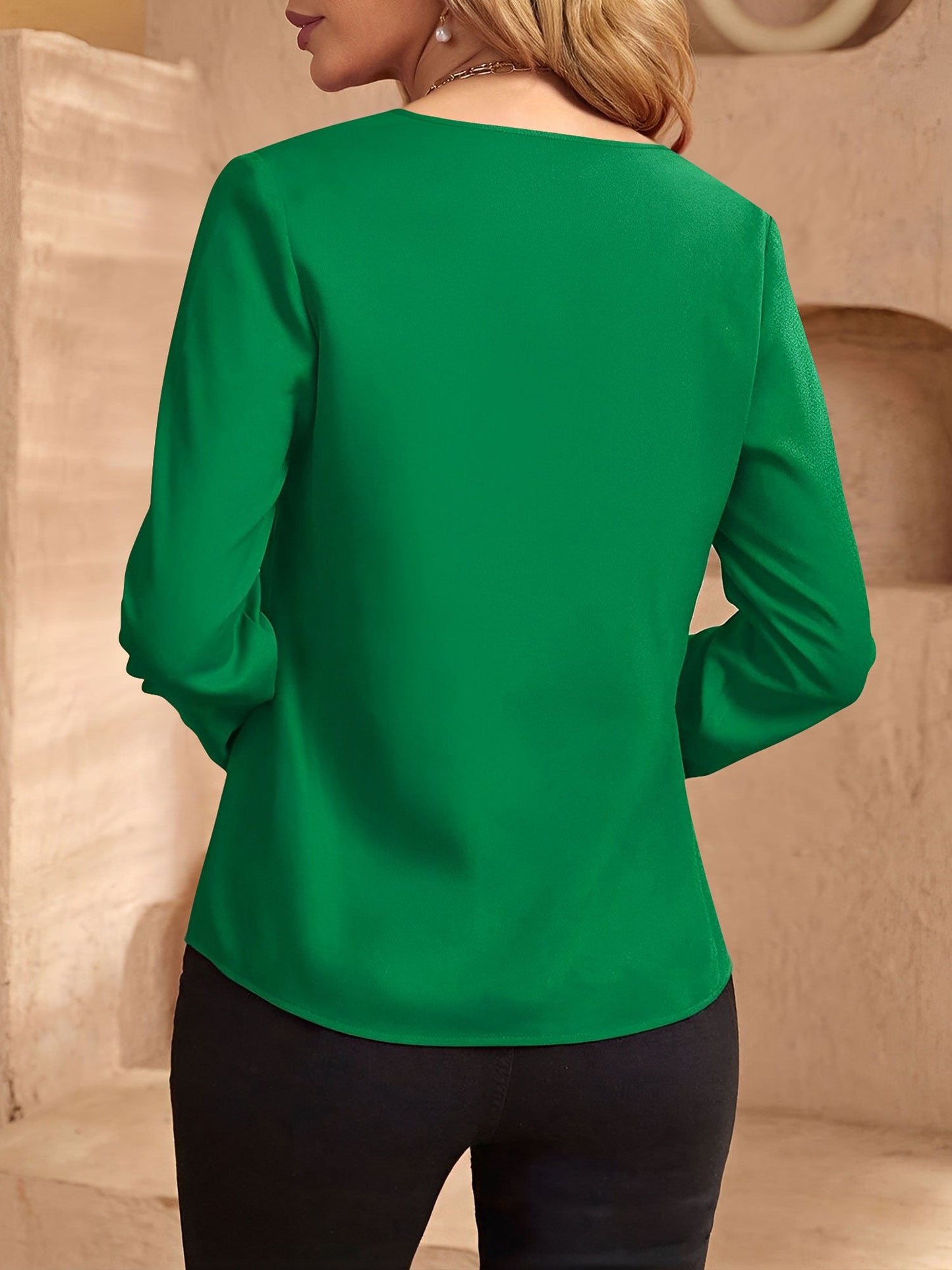 Notch Neck Satin Long Sleeves Work Office Blouse