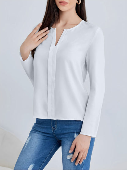 Notch Neck Satin Long Sleeves Work Office Blouse