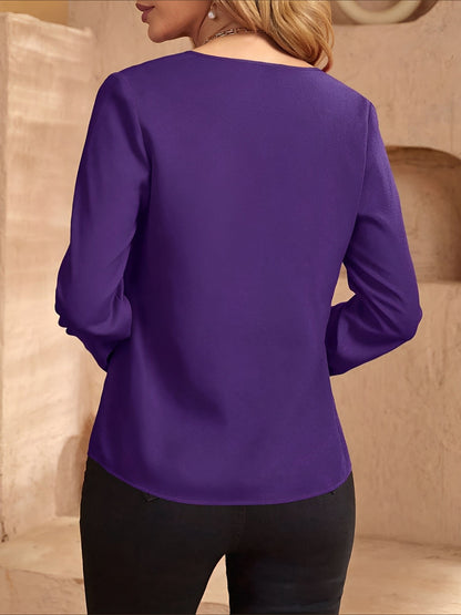 Notch Neck Satin Long Sleeves Work Office Blouse