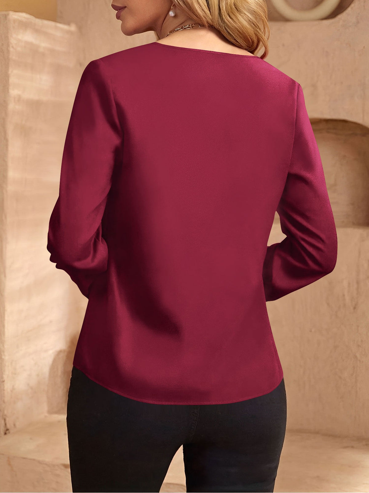 Notch Neck Satin Long Sleeves Work Office Blouse