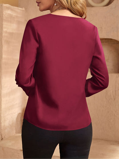 Notch Neck Satin Long Sleeves Work Office Blouse