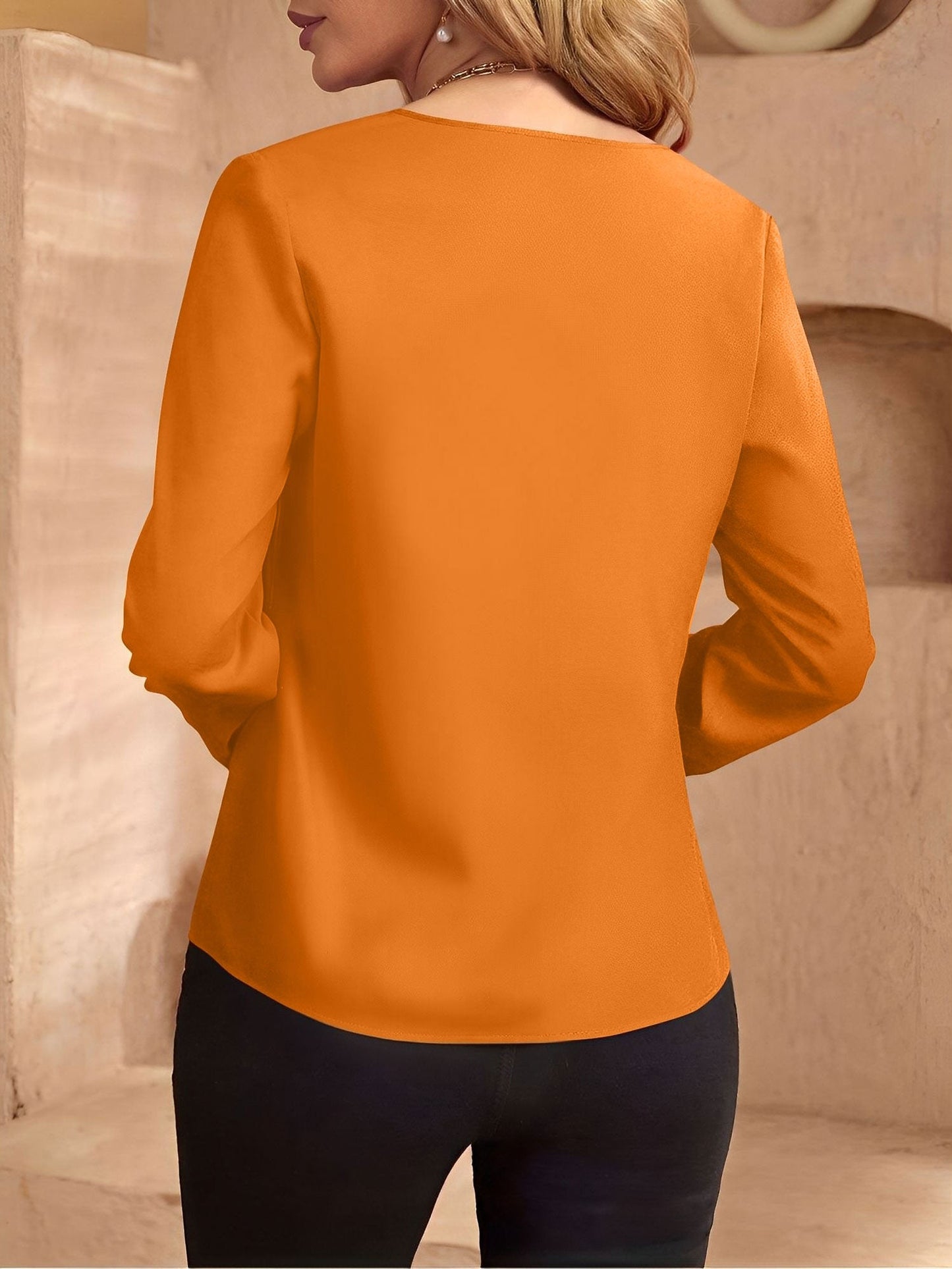 Notch Neck Satin Long Sleeves Work Office Blouse
