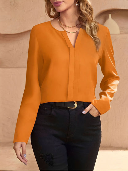 Notch Neck Satin Long Sleeves Work Office Blouse