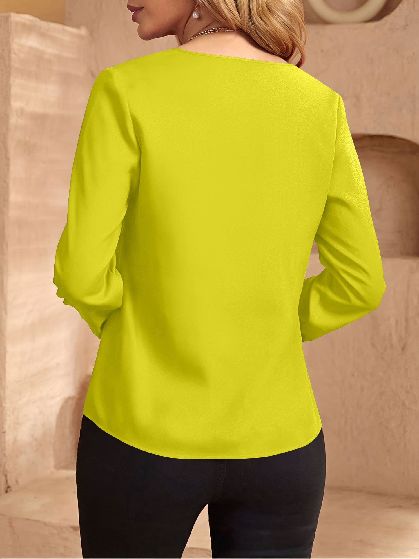 Notch Neck Satin Long Sleeves Work Office Blouse
