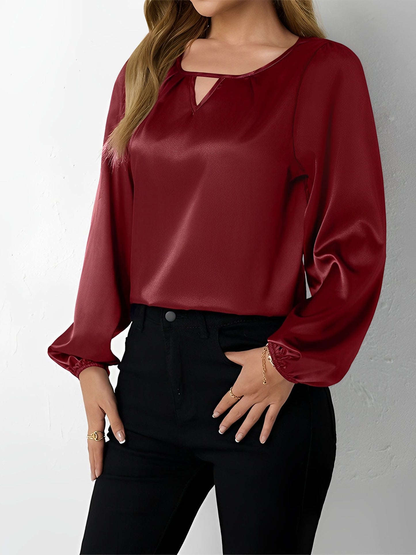 Satin Round Neck Keyhole Long Sleeves Blouse