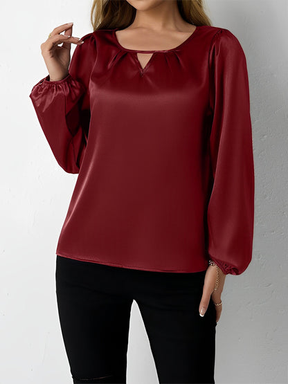 Satin Round Neck Keyhole Long Sleeves Blouse