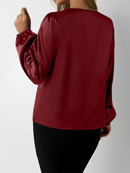 Satin Round Neck Keyhole Long Sleeves Blouse