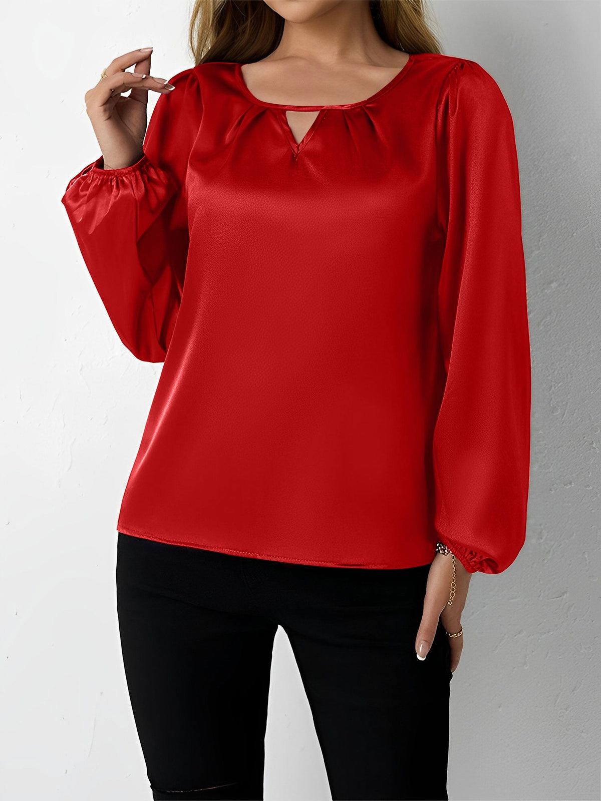 Satin Round Neck Keyhole Long Sleeves Blouse