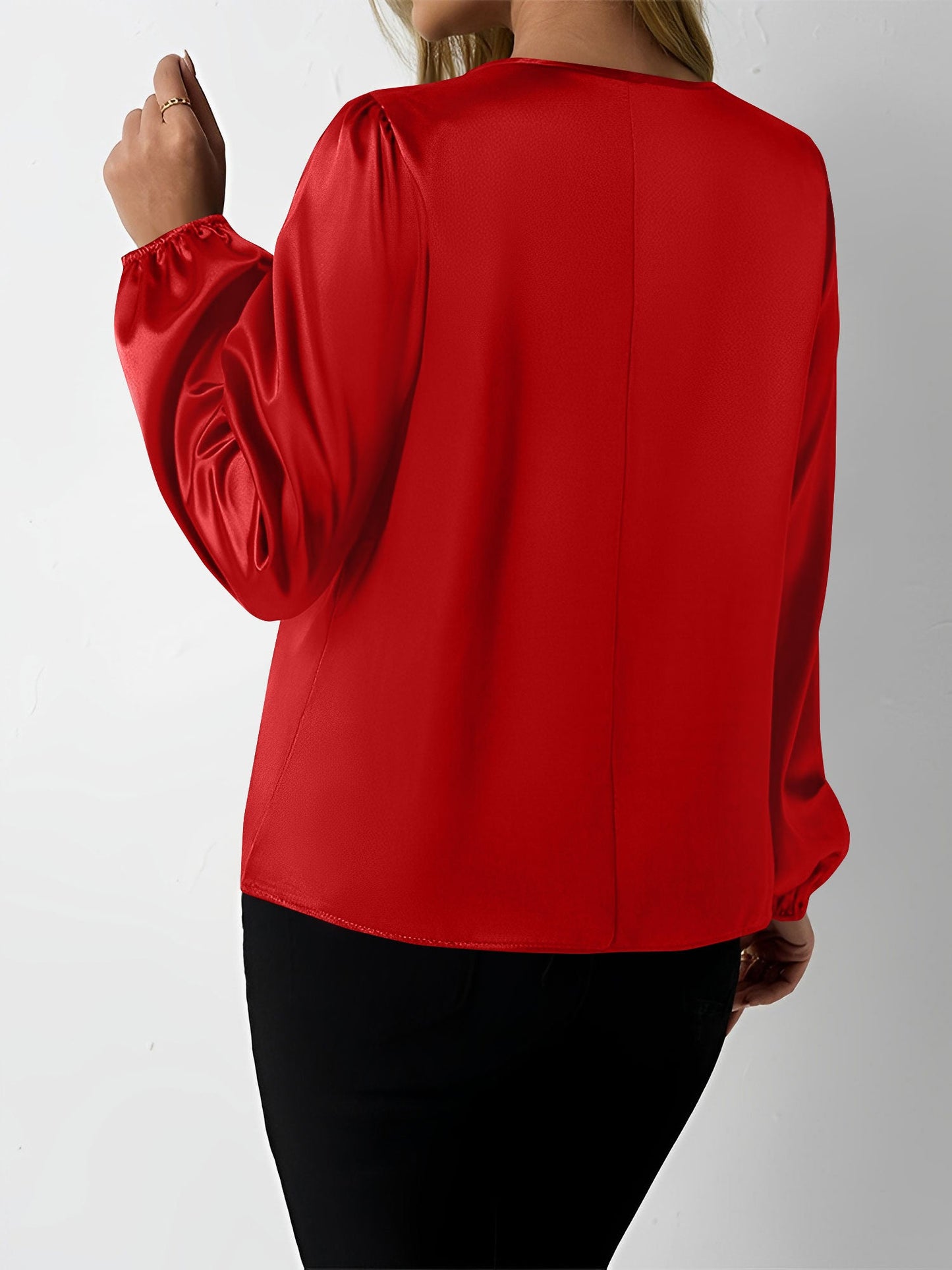 Satin Round Neck Keyhole Long Sleeves Blouse