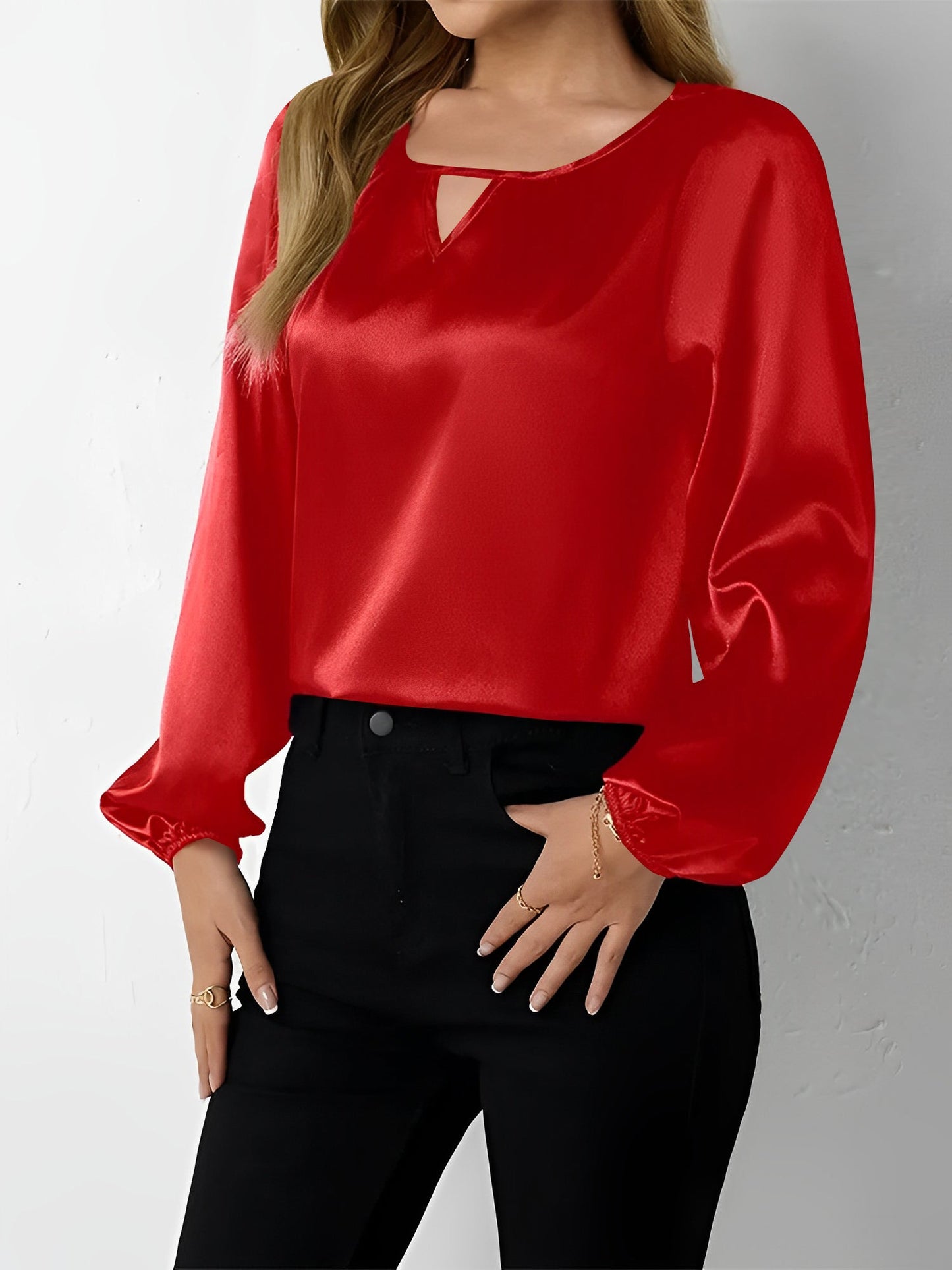 Satin Round Neck Keyhole Long Sleeves Blouse