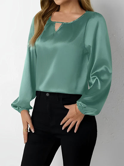 Satin Round Neck Keyhole Long Sleeves Blouse