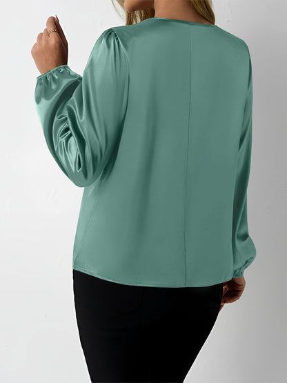Satin Round Neck Keyhole Long Sleeves Blouse