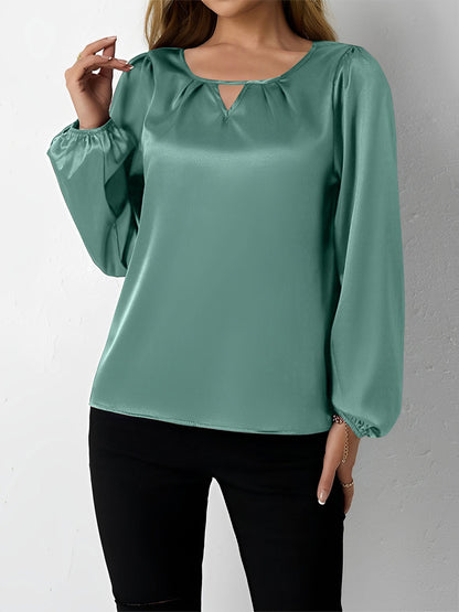 Satin Round Neck Keyhole Long Sleeves Blouse