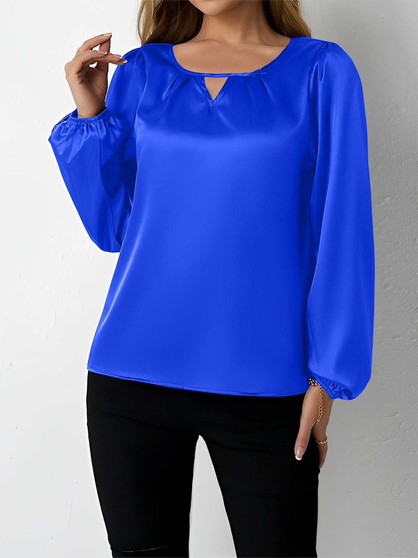 Satin Round Neck Keyhole Long Sleeves Blouse