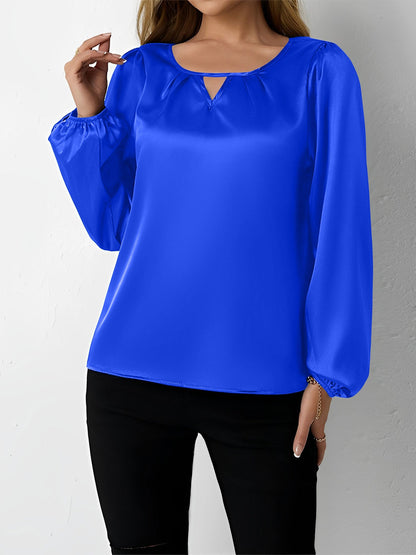 Satin Round Neck Keyhole Long Sleeves Blouse