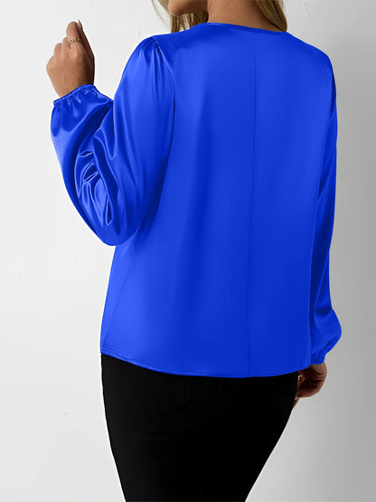 Satin Round Neck Keyhole Long Sleeves Blouse