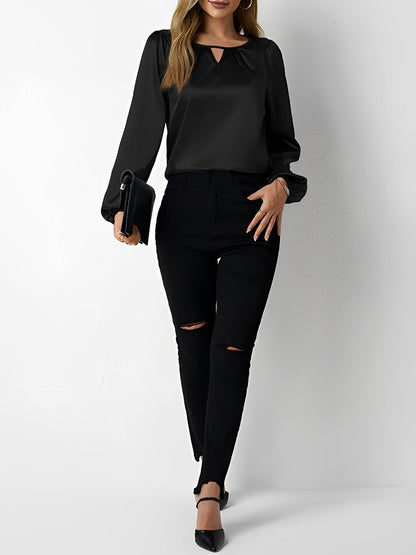 Satin Round Neck Keyhole Long Sleeves Blouse