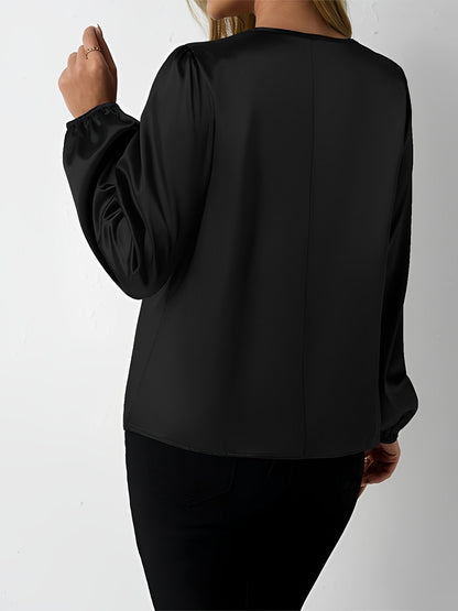 Satin Round Neck Keyhole Long Sleeves Blouse