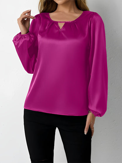 Satin Round Neck Keyhole Long Sleeves Blouse