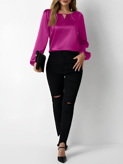 Satin Round Neck Keyhole Long Sleeves Blouse