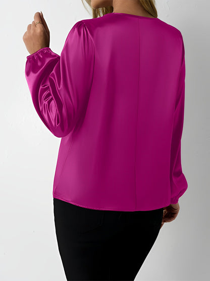 Satin Round Neck Keyhole Long Sleeves Blouse