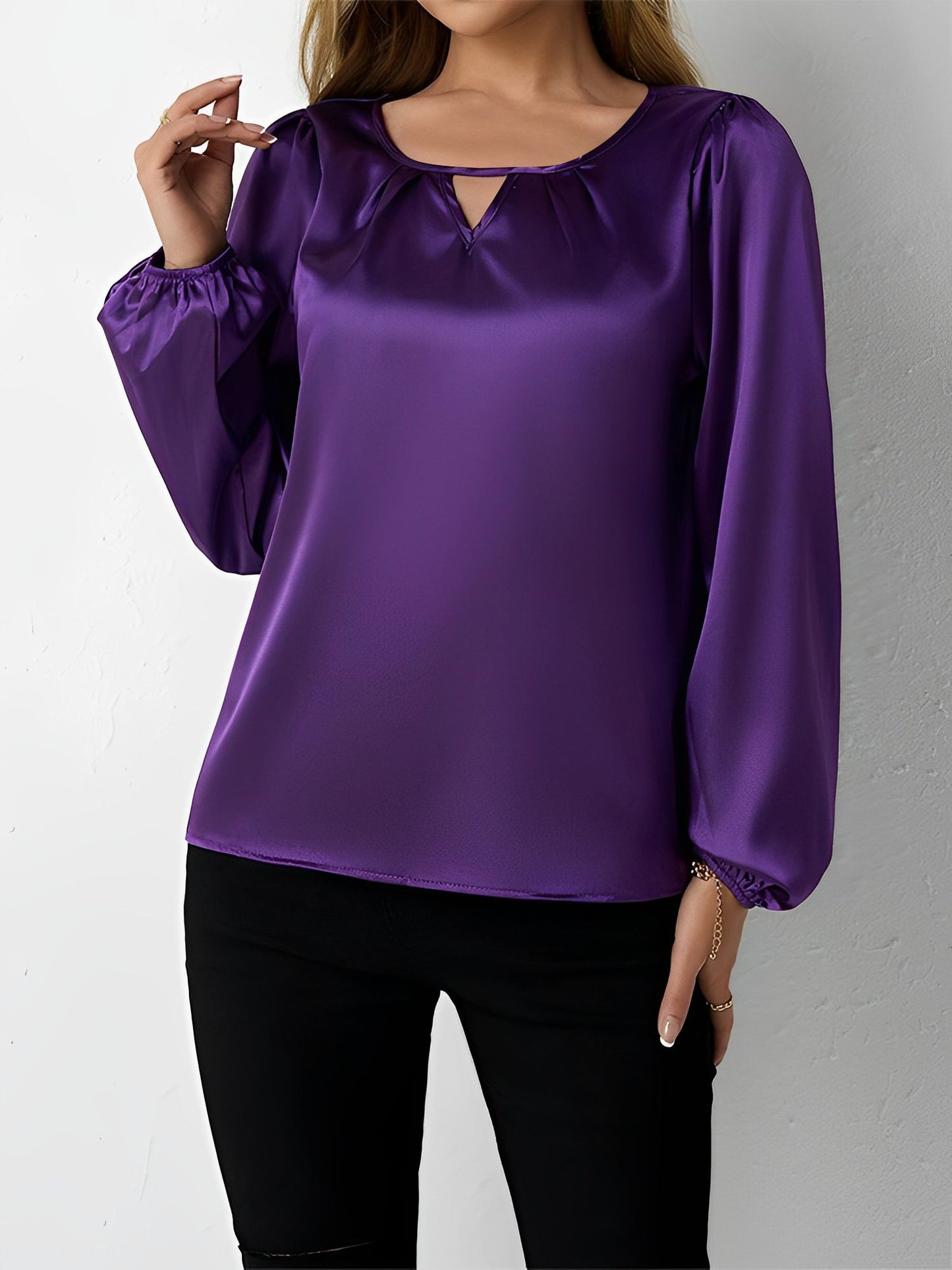 Satin Round Neck Keyhole Long Sleeves Blouse
