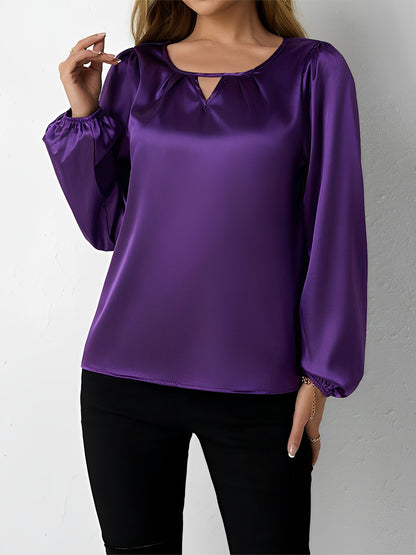 Satin Round Neck Keyhole Long Sleeves Blouse