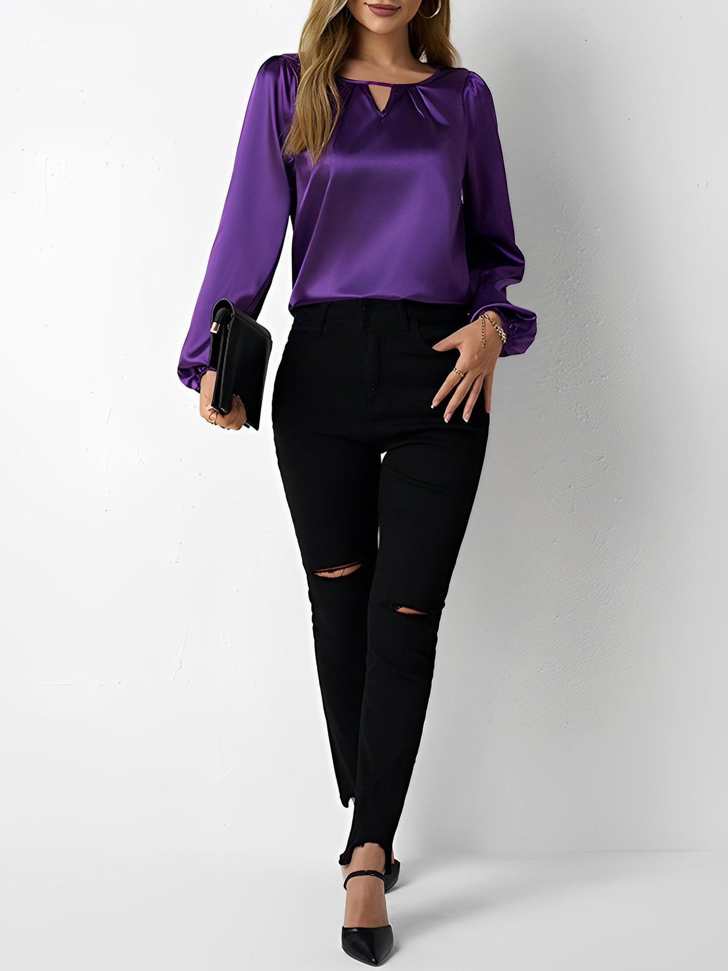Satin Round Neck Keyhole Long Sleeves Blouse