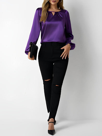 Satin Round Neck Keyhole Long Sleeves Blouse