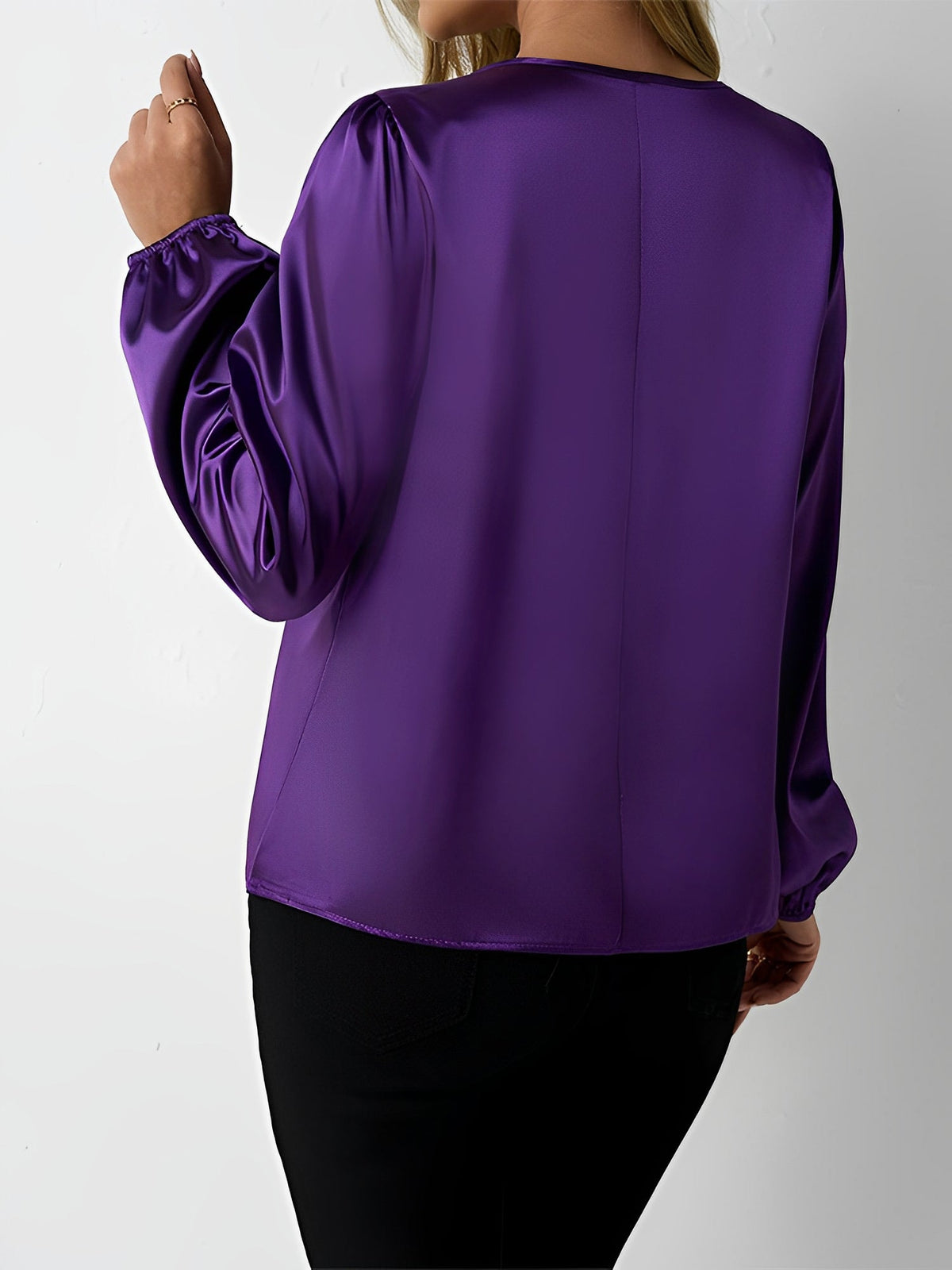 Satin Round Neck Keyhole Long Sleeves Blouse