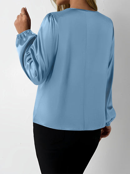 Satin Round Neck Keyhole Long Sleeves Blouse