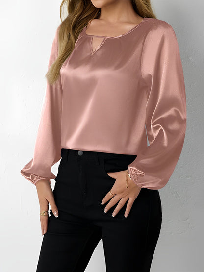 Satin Round Neck Keyhole Long Sleeves Blouse