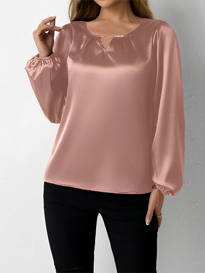 Satin Round Neck Keyhole Long Sleeves Blouse