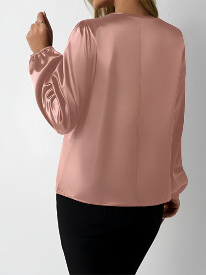 Satin Round Neck Keyhole Long Sleeves Blouse