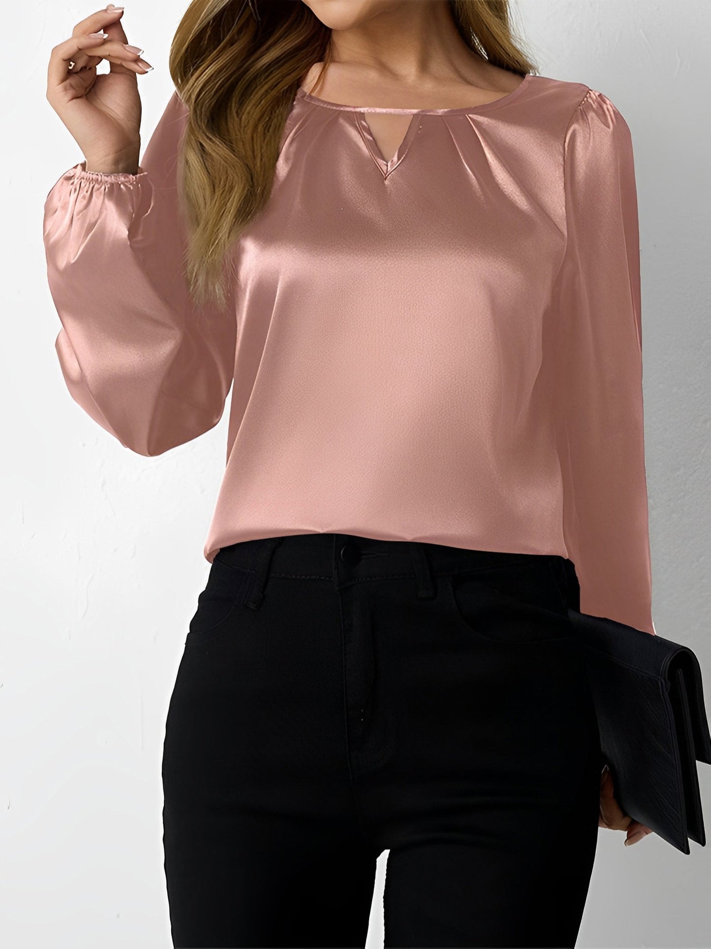 Satin Round Neck Keyhole Long Sleeves Blouse