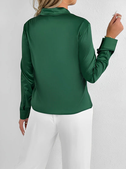 Satin Tie Neck Long Sleeves Work Office Blouse