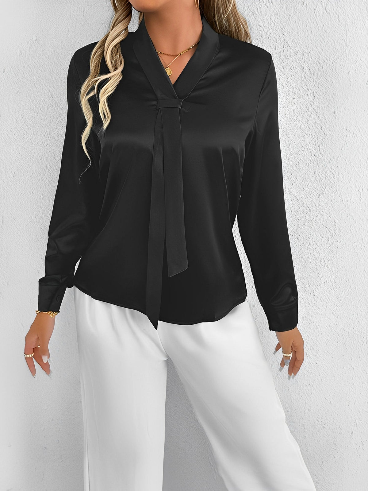 Satin Tie Neck Long Sleeves Work Office Blouse