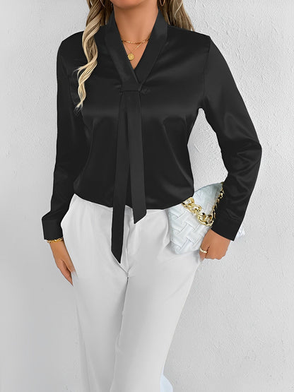 Satin Tie Neck Long Sleeves Work Office Blouse