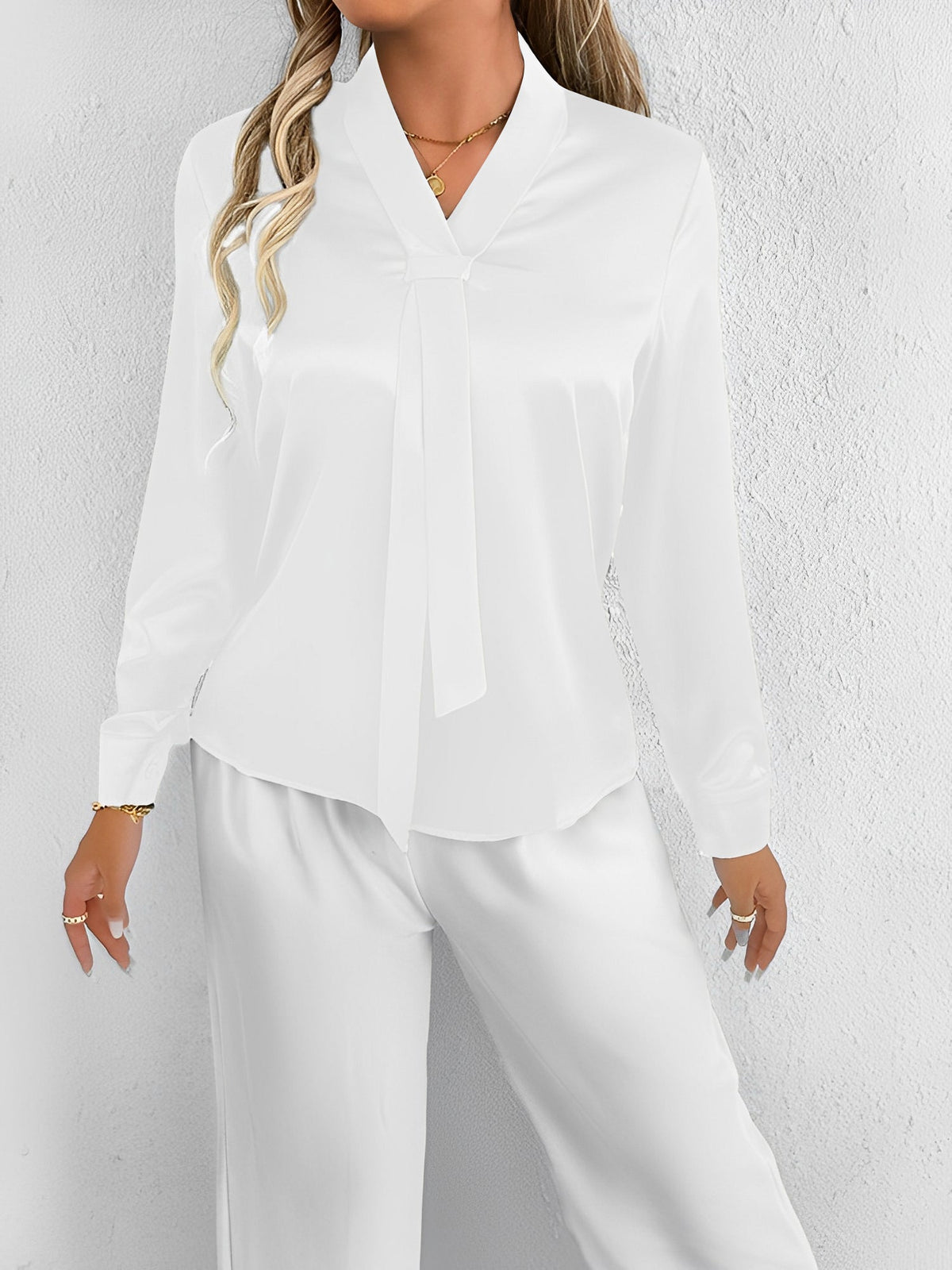 Satin Tie Neck Long Sleeves Work Office Blouse