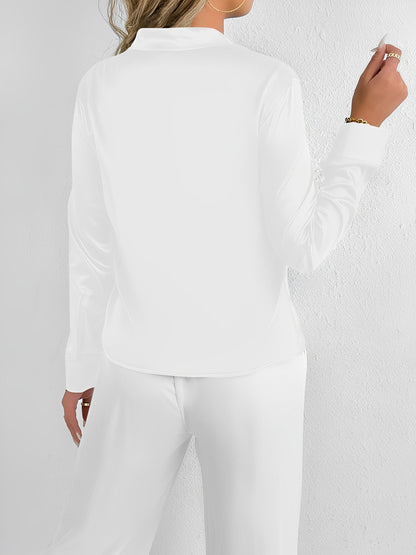 Satin Tie Neck Long Sleeves Work Office Blouse