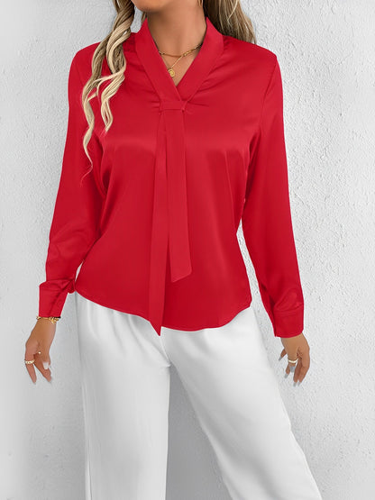Satin Tie Neck Long Sleeves Work Office Blouse