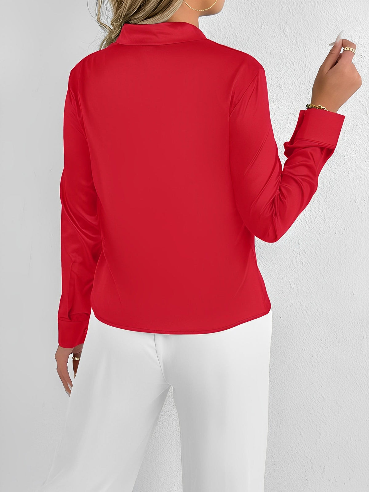 Satin Tie Neck Long Sleeves Work Office Blouse