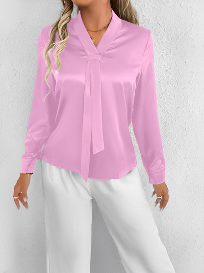 Satin Tie Neck Long Sleeves Work Office Blouse